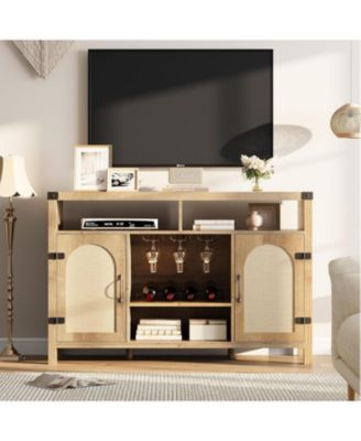 Farmhouse Wine Bar Cabinate 52 Inch Rattan Coffee Bar with Adjustable Storage Shleves with Wine Racks for Dining Room