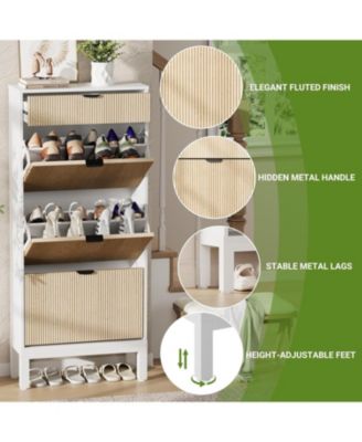 Shoe Cabinet with 3 Flip Doors & 1 Drawer – Slim Modern Fluted Shoe Organizer with Iron Legs, Freestanding Entryway and Hallway Shoe Rack