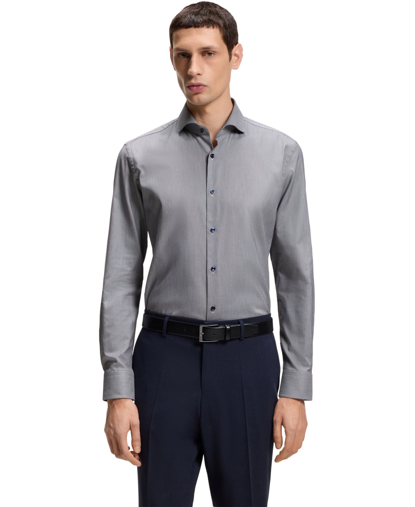 Мужская рубашка Hugo Boss Stretch Cotton Structured Slim-Fit Dress Shirt, цвет: Тёмный синий — фото 1