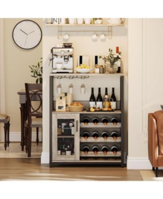 3-Tier Wine Bar Cabinet with LED Detachable - Buffet Cabinet with Glass Holder and Mesh Door for Kitchen Living Room and Bar