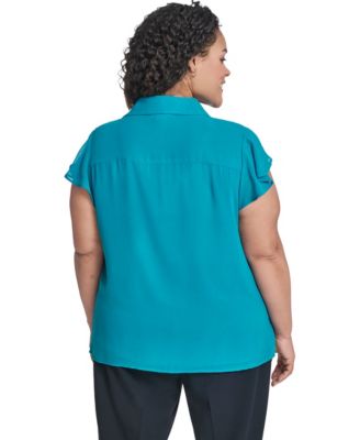 Plus Size Collared Neck Short-Sleeve Top