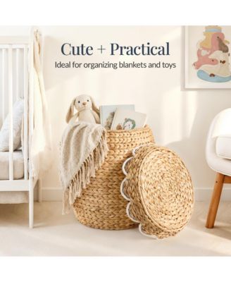 Scalloped Water Hyacinth Storage Tote Basket with Lid