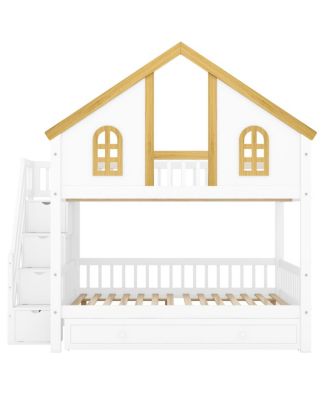 Streamdale Full Size Wooden House Roof Bunk Bed with Storage Staircase