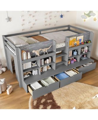 Twin XL Loft Bed w/ Multi-Storage Shelves, Curtain & Chalkboard