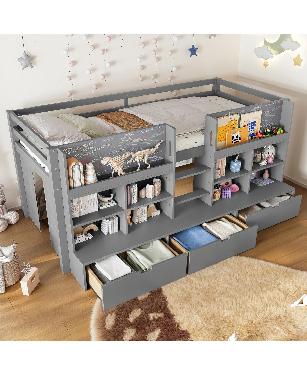 Streamdale Furniture Twin Xl Loft Bed w/ Multi-Storage Shelves, Curtain & Chalkboard