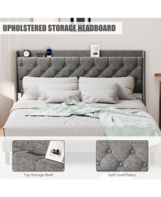 King Size Platform Bed Frame with Storage Headboard & USB Charging Station | Button Tufted Upholstery, Noise-Free Design