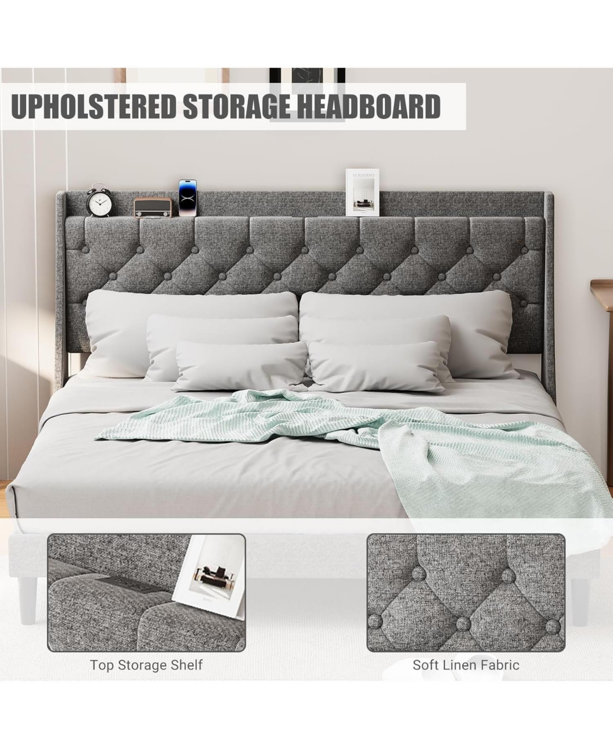 gaomon King Size Platform Bed Frame with Storage Headboard & Usb Charging Station | Button Tufted Upholstery, Noise-Free Design