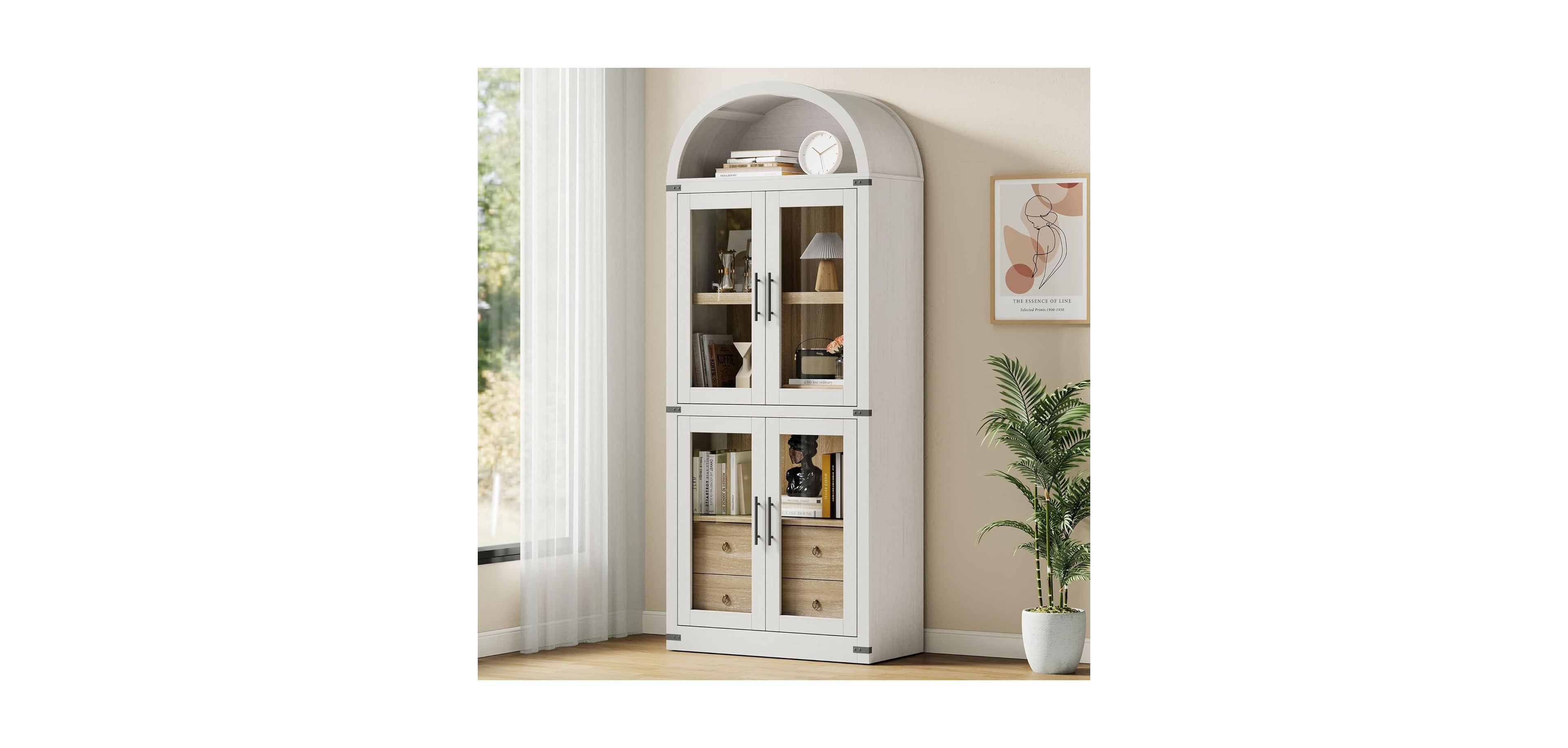 gaomon Arched Bookshelf with Doors Farmhouse Bookcase 15.83 in Depth Display Storage Shelves 71.4 in Tall Wooden Display Cabinet Rounded Bookcases for