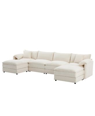 136" Chenille Modular Sectional Sofa with Deep Seat & Movable Ottoman