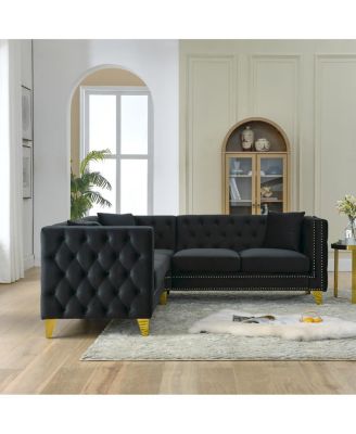 Velvet L-Shaped Sectional Couch, 5-Seater Sofa with 3 Cushions