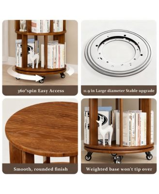 Rotating 6-Tier Walnut Bookshelf with Wheels for Space-Efficient Storage
