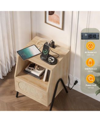 Rattan Nightstand with Charging Station and Storage