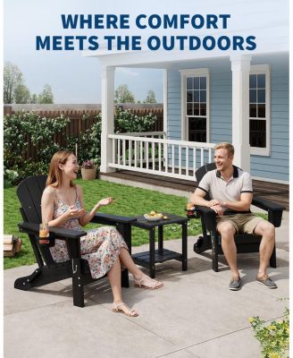 Folding Adirondack Chair Set of 4, HDPE Outdoor Patio Chair with Cup Holder, All Weather Resistent Wooden Textured for patios, Decks, Gardens