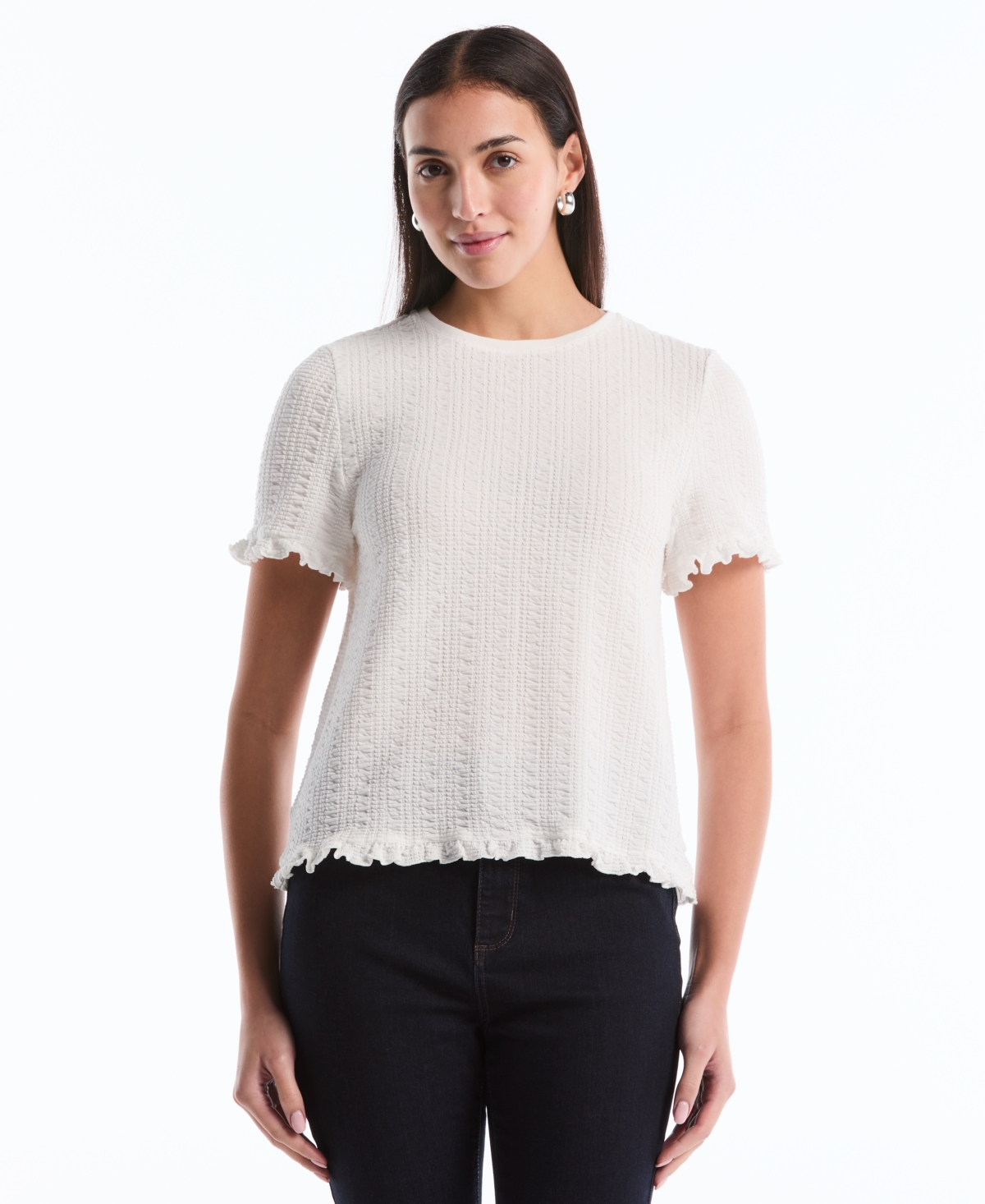 Rafaella Petite Puckered Ruffle Short-Sleeve Top