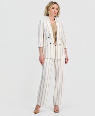 Women's Striped 3/4-Sleeve Double-Breasted Blazer, Pleated Satin Top & Striped Clean-Waist Pants