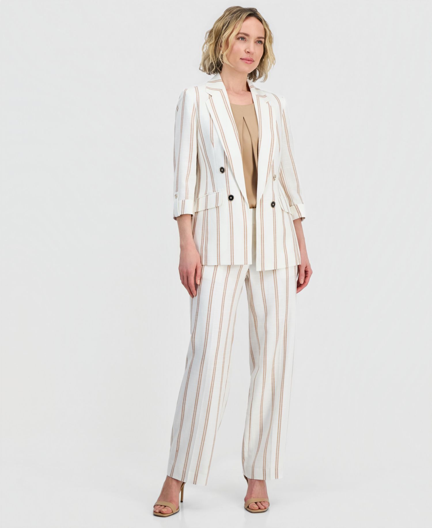 Women's Striped Linen Blend 3/4-Sleeve Double-Breasted Blazer, Pleated Satin Top & Striped Linen Blend Clean-Waist Pants