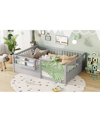 Streamdale Full Floor Bed with Fence and Bookshelf, Wood Kids Floor Bed, Gray.
