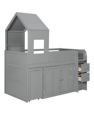 Twin Size Wooden Loft Bed with Desk, Drawers,Cabinets
