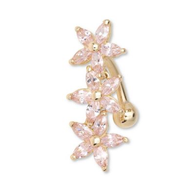Solid 14k Gold Pink Marquise Cubic Zirconia Flower Top Mount Belly Button Ring Dangle Body Piercing Ring