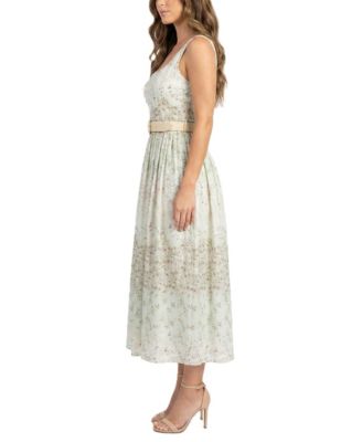 Women's Floral Belted Square Neck A-Line Dress