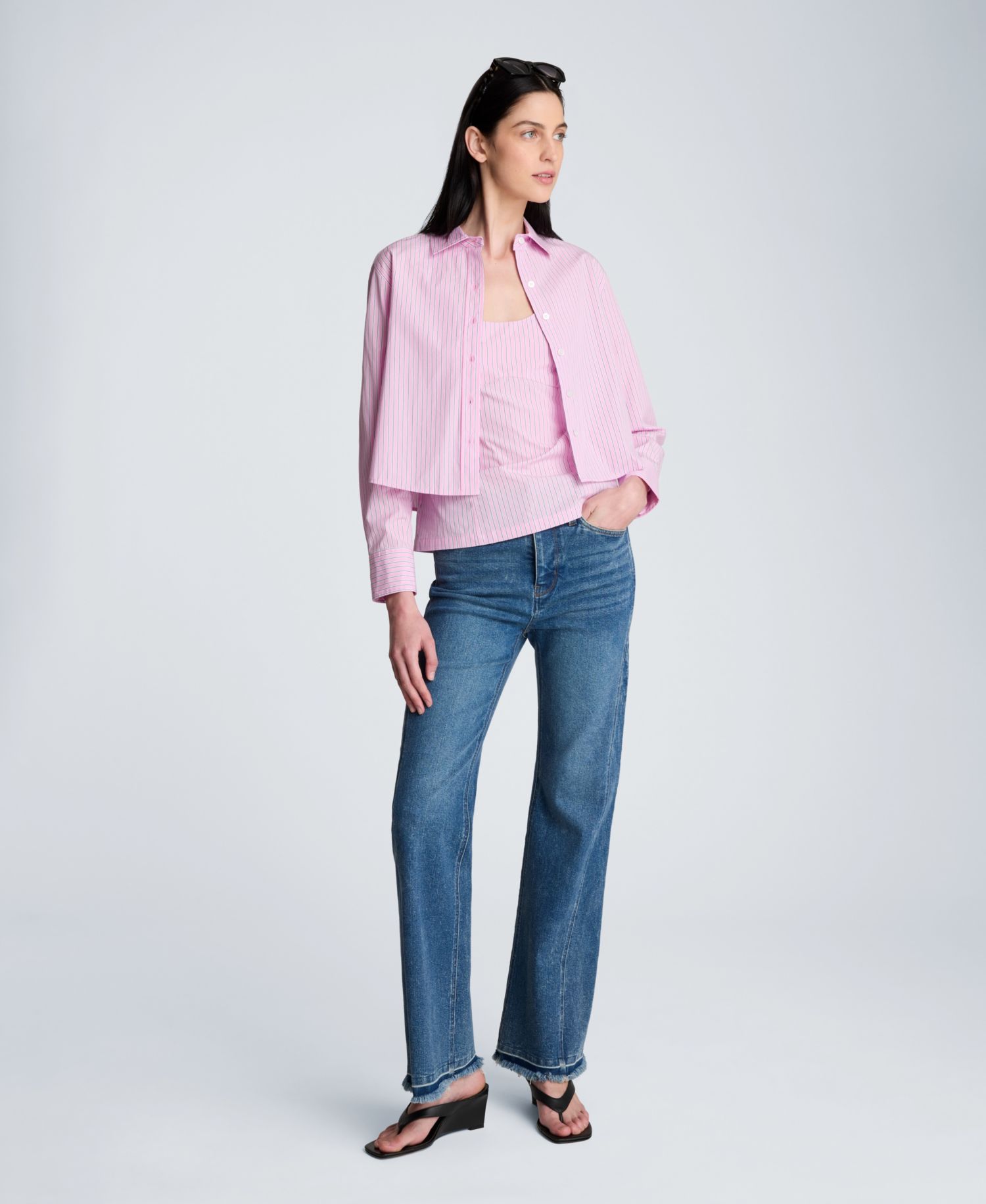 Striped Poplin Cropped Long Sleeve Button Front Shirt