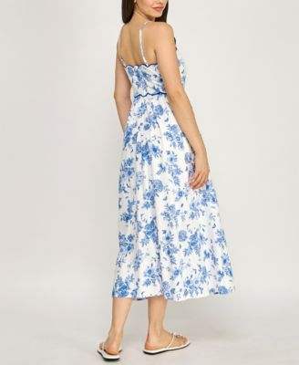 Juniors' Sleeveless Scallop Trim Slim Midi Dress