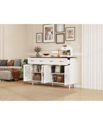 Vintage Sideboard Buffet Cabinet with Hand-Carved Doors & 4 Doors