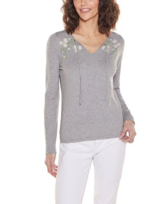 Women's Embroidered Flower Split-Neck Sweater