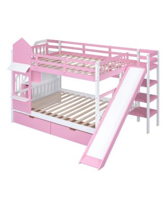 Full-Over-Full Castle Bunk Bed w/ Drawers, Shelves & Slide