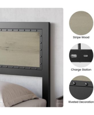 Size Bed Frame with Headboard, Industrial Platform Bed Frame with Charge Station, No Box Spring Needed