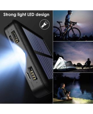 20000mAh Solar Charging Power Bank Fast Charger for Cell Phone Build-in 4 Cables, Strong LED Light, USB Cable, Micro Cable, Type C Cable, LT Cable