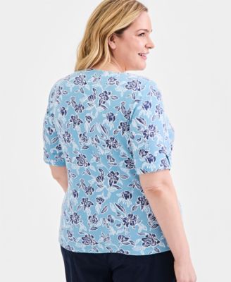 Plus Size Printed Boat-Neck Elbow Sleeve Cotton Top