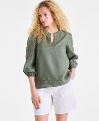 Women's 100% Linen Pintuck-Trim Top