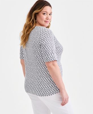 Plus Size  Printed Boat-Neck Elbow Sleeve Cotton Top