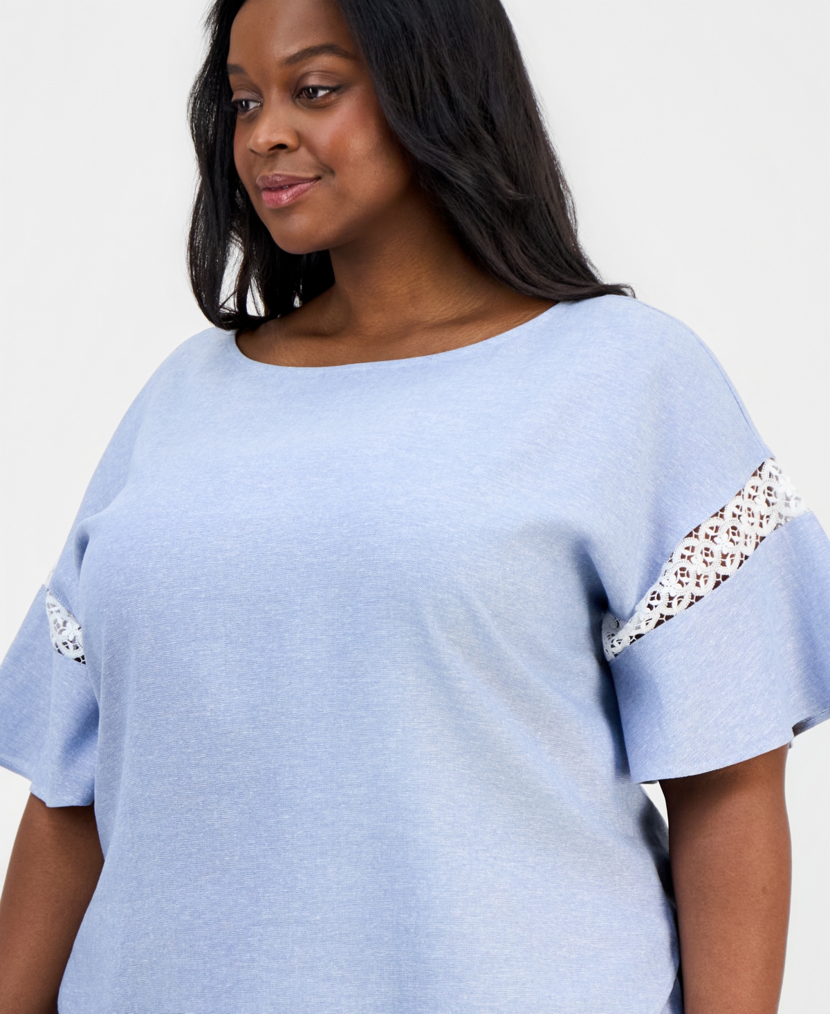 Anne Klein Plus Lace-Trim Flutter-Sleeve Top