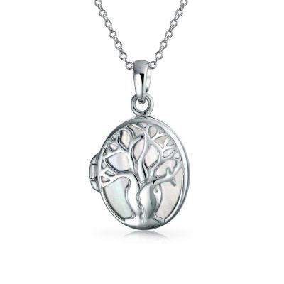 Mother Of Pearl Oval Family Tree Of Life Locket Photos Pendant Necklace .925 Sterling Silver