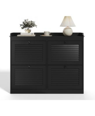 Black Large Rattan Narrow Shoe Cabinet - 4 Flip Drawers Freestanding with Wooden Legs