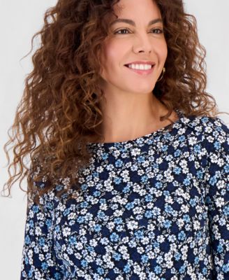 Women's Printed Pima Cotton 3/4 Sleeve Boat-neck Top