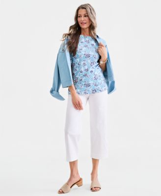 Women's Printed Boat-Neck Elbow-Sleeve Top