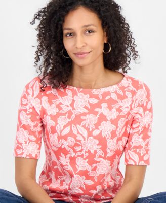 Women's Printed Boat-Neck Elbow-Sleeve Top