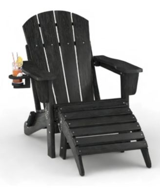 folding Adirondack chair with ottoman, HDPE outdoor patio chair with cup holder, all weather wood texture for patios and gardens.