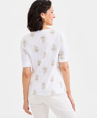 Women's Printed Boat-Neck Elbow-Sleeve Top