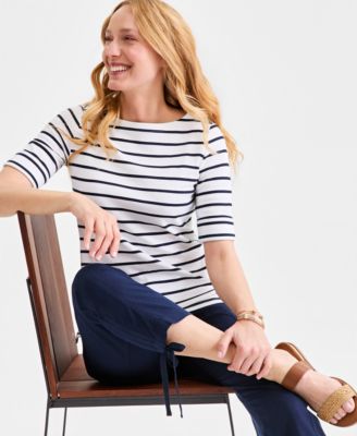 Women's Printed Boat-Neck Elbow-Sleeve Top