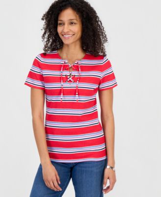 Women's Striped Lace-Up Short-Sleeve Top