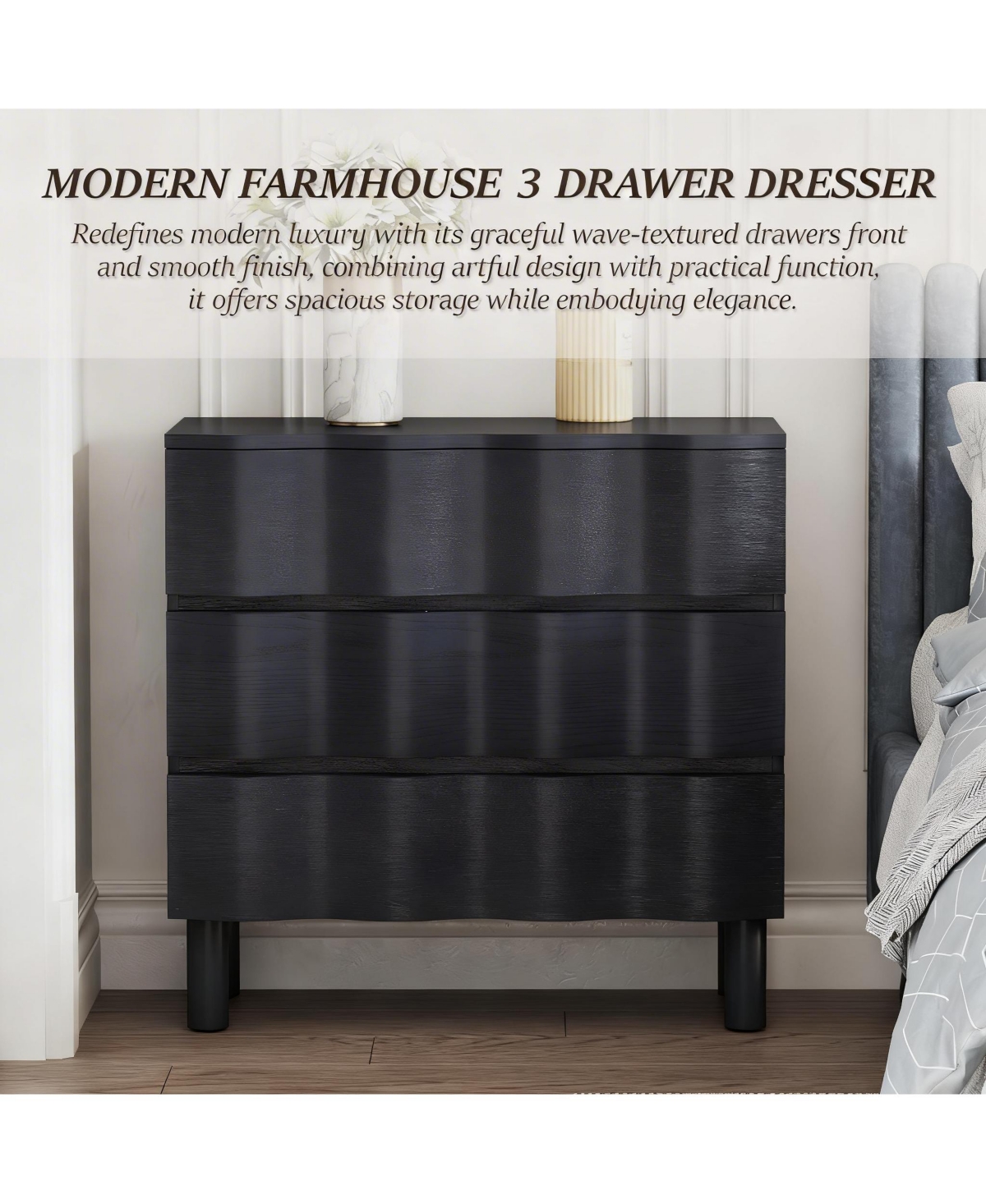 Yigii Modern 3 Drawer Dresser with Wave Design for Bedroom