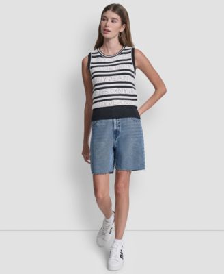 Women's Sleeveless Logo Pointelle Striped Sweater