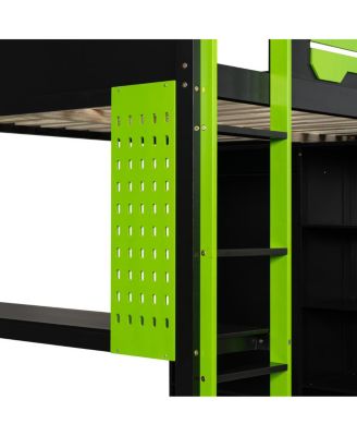 Full Size Wood Loft Bed with Desk, Open Wardrobe and RGB Light