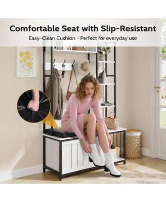 Hall Tree Coat Rack - Flip-top Shoe Cabinet, 5 Storage Compartments, Cushioned Bench, 4 Hooks for Entryway, Hallway