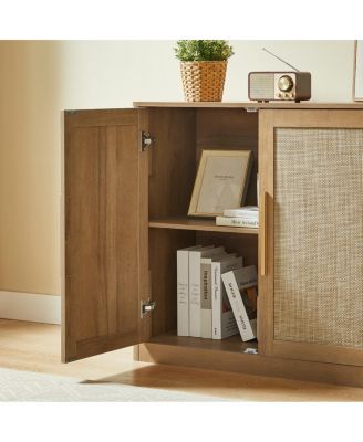 67" Rattan 4-Door Boho Buffet Cabinet, Large  Sideboard Credenza