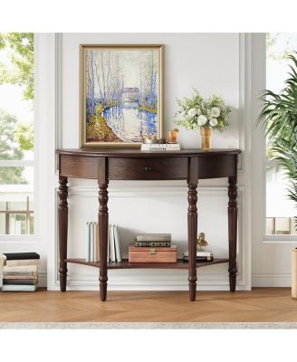Farmhouse Half Moon Console Table with Drawer & Shelf